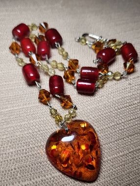 Vintage Baltic Amber Heart Necklace in Good Condition